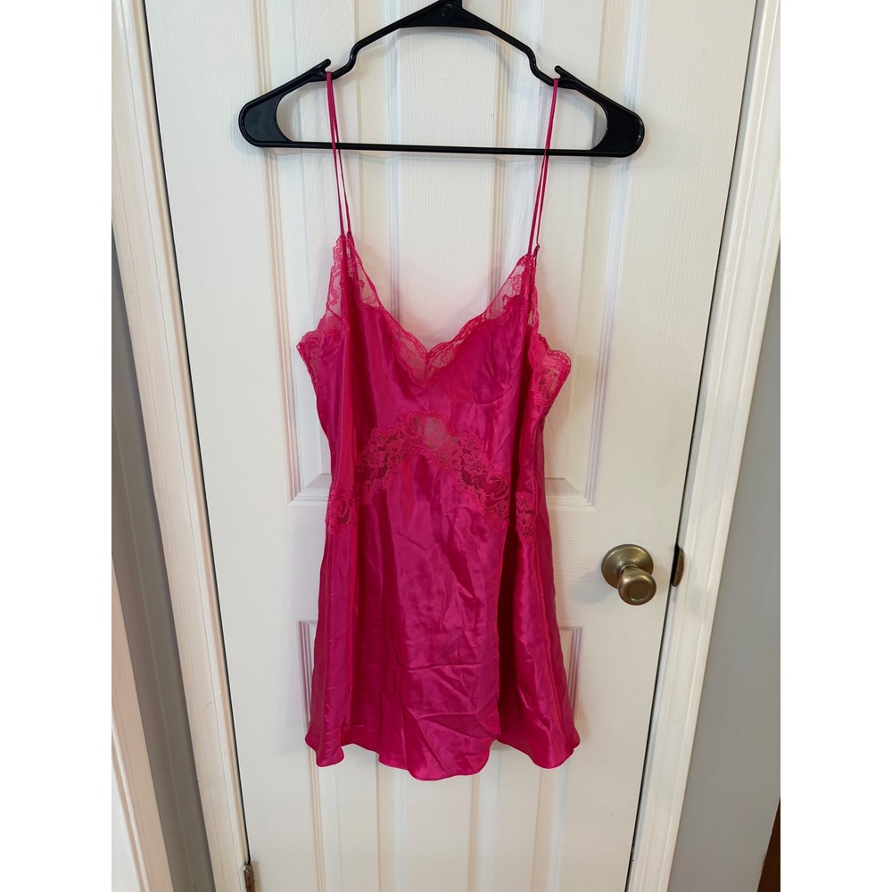 Victoria's Secret Slip Dress Women L Hot Pink Lace Trim y2k Coquette Barbiecore